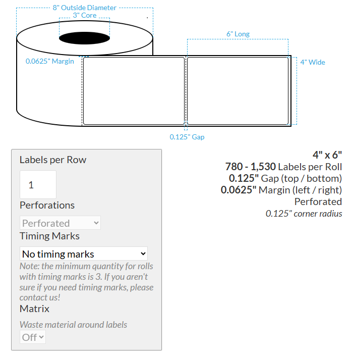 4" x 6" VIPColor VP660 HIGH GLOSS WHITE BOPP (ROUNDED CORNERS) PERFORATED Roll Labels (3"CORE/8"OD)