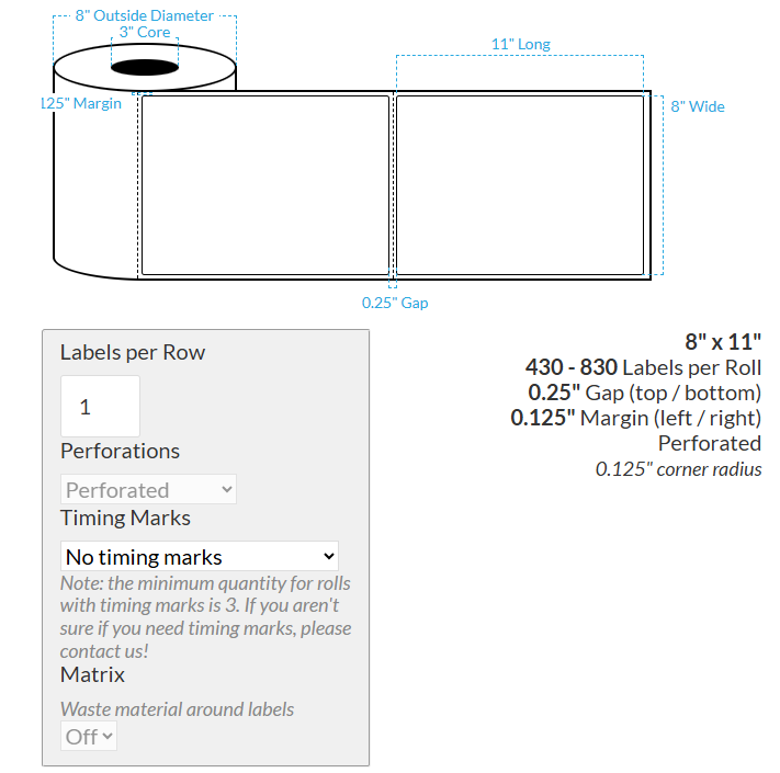 8" x 11" VIPColor VP700 MATTE WHITE BOPP (ROUNDED CORNERS) PERFORATED Roll Labels (3"CORE/8"OD)