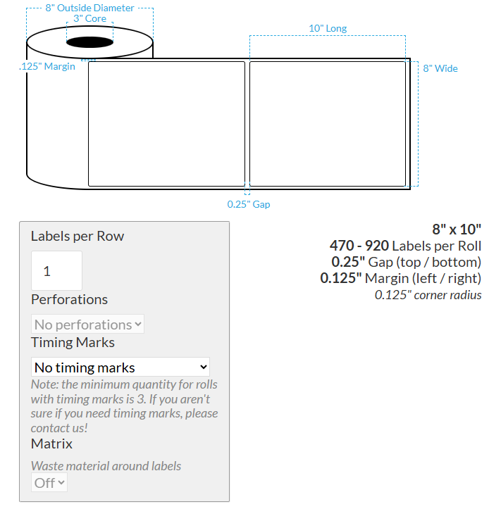 8" x 10" VIPColor VP700 HIGH GLOSS WHITE BOPP (ROUNDED CORNERS) Roll Labels (3"CORE/8"OD)