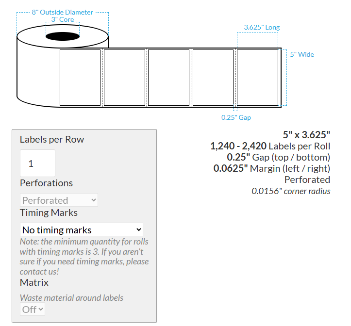 [100416-3X8-MWB-183-1000000] 5" x 3.625" VIPColor VP610 MATTE WHITE BOPP (RECTANGLE/SQUARE CORNERS) PERFORATED Roll Labels (3"CORE/8"OD)