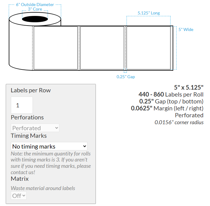 [100930-3X6-SAB-162-1000000] 5" X 5.125" VIPColor VP650 Satin White BOPP (Rectangle/Square Corners) Perforated Roll Labels (3"Core/8"OD)