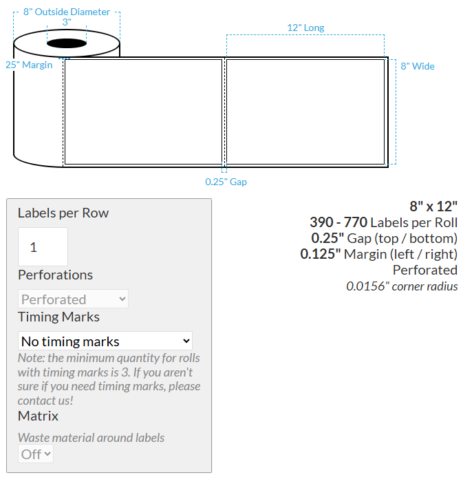 [101046-3X8-MWB-184-1000000] 8" X 12" VIPColor VP660 Matte White BOPP (Rectangle/Square Corners) Perforated Roll Labels (3"Core/8"OD)