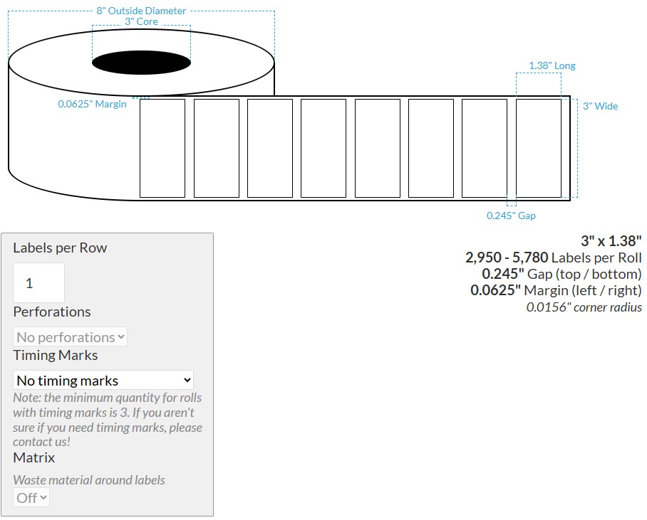 Roll Label: 3" x 1.38" High Gloss White Poly (BOPP) {ROUNDED CORNERS} Roll Labels (3"CORE/8"OD)