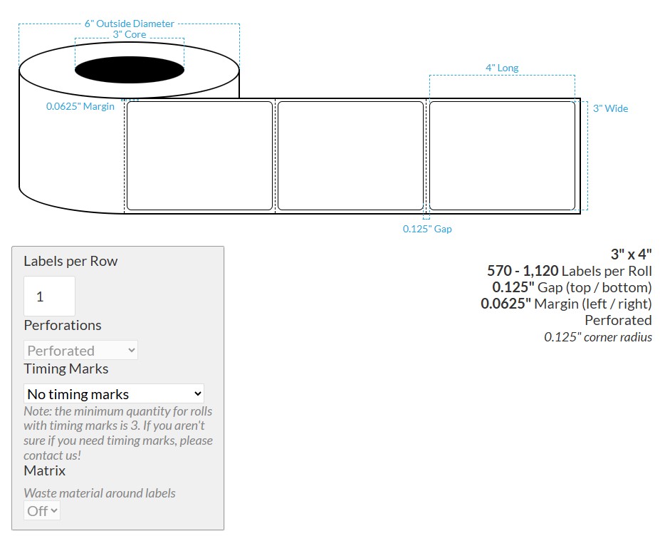 [105296-3X6-RMWB-207-1000000] 3" X 4" Removable Matte White Polypropylene BOPP Perforated {Rounded Corners} Roll Labels (3"Core/8"OD)