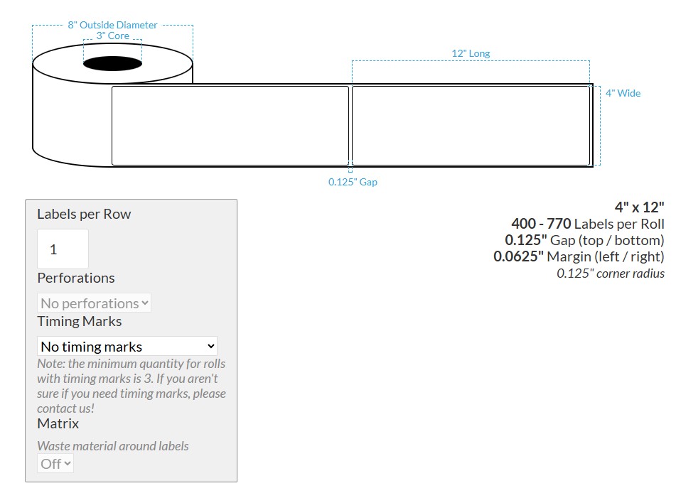 4" x 12" PREMIUM HIGH GLOSS WHITE BOPP (RECTANGLE/SQUARE CORNERS) Roll Labels (3"CORE/8"OD)
