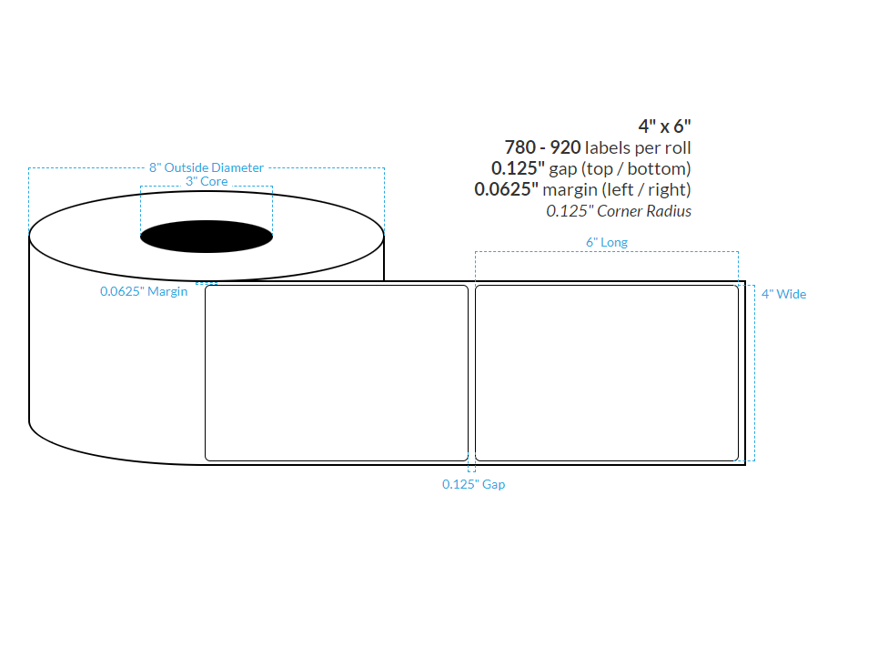 4" X 6" HIGH GLOSS WHITE Polypropylene BOPP {SQUARE CORNERS} Roll Labels (3"CORE/8"OD)