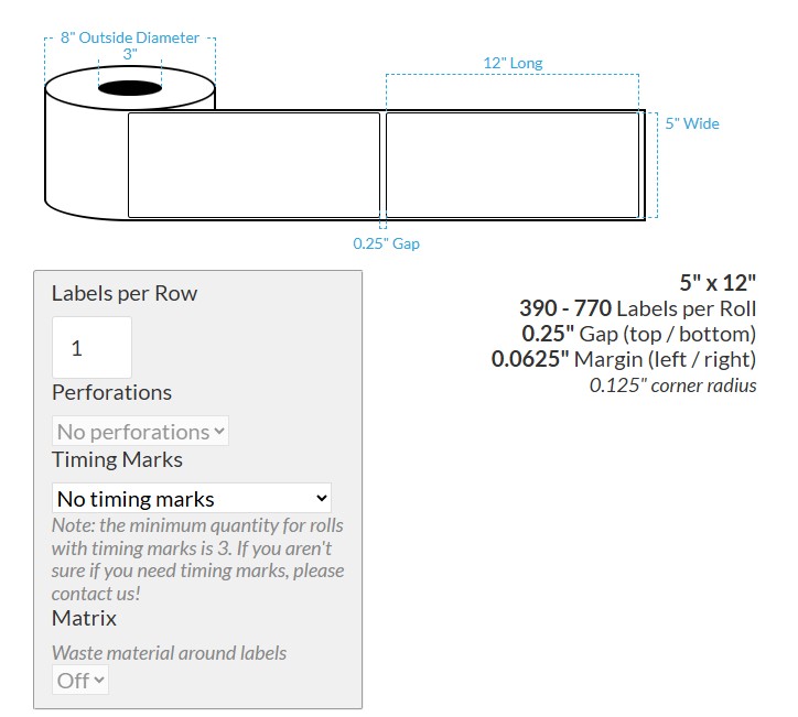 [101291-3X8-SAB-110-1000000] 5" X 12" Satin Polypropylene BOPP {Rounded Corners} Roll Labels (3"Core/8"OD)