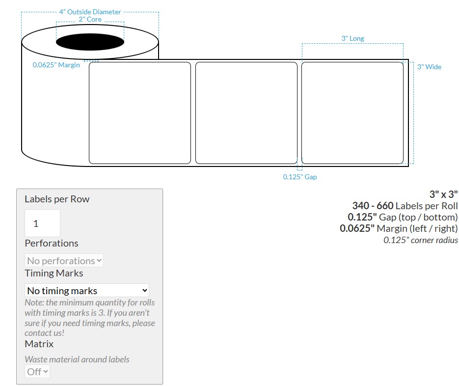 [100603-2X4-MWP-195-1000000] 3" X 3" Matte White Paper {Rounded Corners} Roll Labels (2"Core/4"OD)