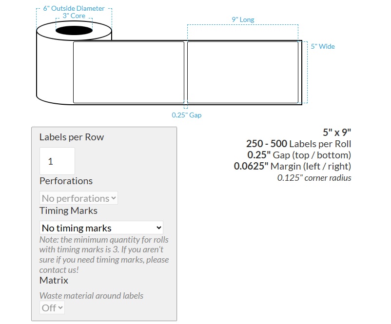 5" X 9" PREMIUM HIGH GLOSS WHITE Polypropylene BOPP {ROUNDED CORNERS} Roll Labels  (3"CORE/6"OD)