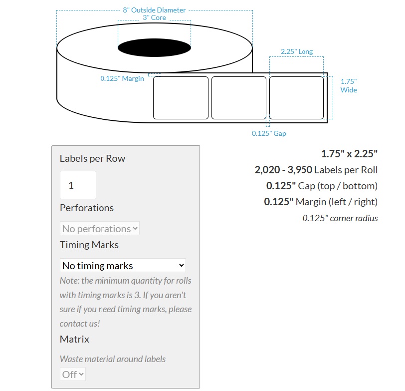 [100320-3X8-HGB-161-1000000] 1.75" X 2.25" High Gloss White Polypropylene BOPP {Rounded Corners} Roll Labels  (3"Core/8"OD)