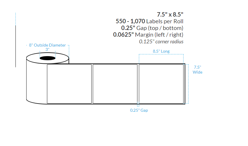 7.5" X 8.5" SATIN Polypropylene BOPP {ROUNDED CORNERS} Roll Labels  (3"CORE/8"OD)