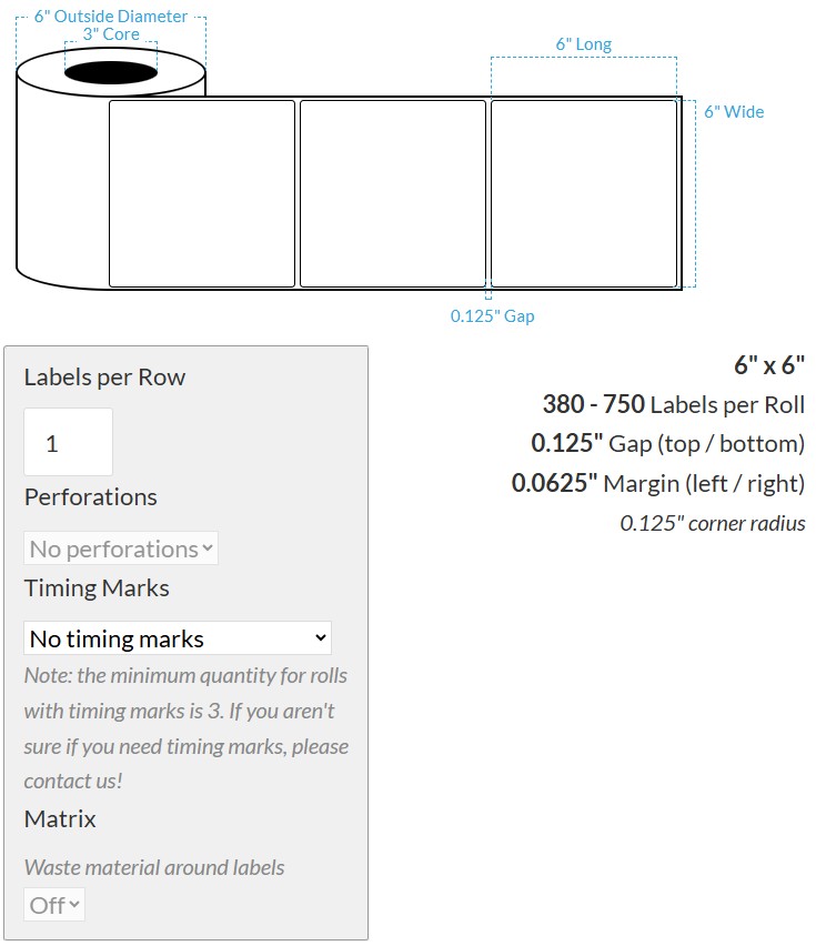 [100881-3X6-MWB5609-151-1000000] 6" X 6" Matte White BOPP (BS5609 Certification) {Rounded Corners} Blank Roll Labels  (3"Core/6"OD)