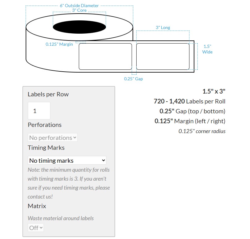 1.5" x 3" HIGH GLOSS WHITE Polypropylene BOPP {SQUARE CORNERS} Roll Labels (3"CORE/6"OD)