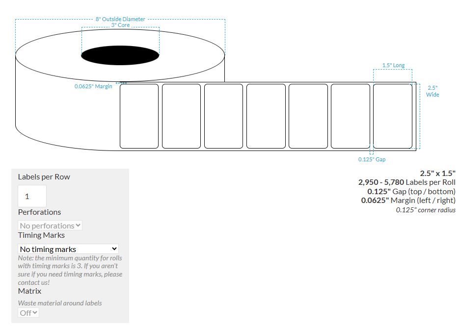 2.5" x 1.5" MATTE KIMDURA {ROUNDED CORNERS} Roll Labels  (3"CORE/8"OD)