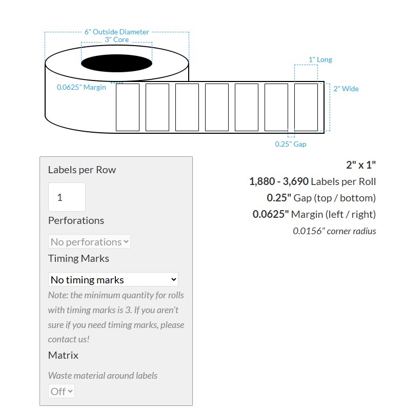 [102455-3X6-HGB-151-1000000] 2" x 1" HIGH GLOSS WHITE Polypropylene BOPP {SQUARE CORNERS} Roll Labels (3"CORE/6"OD)