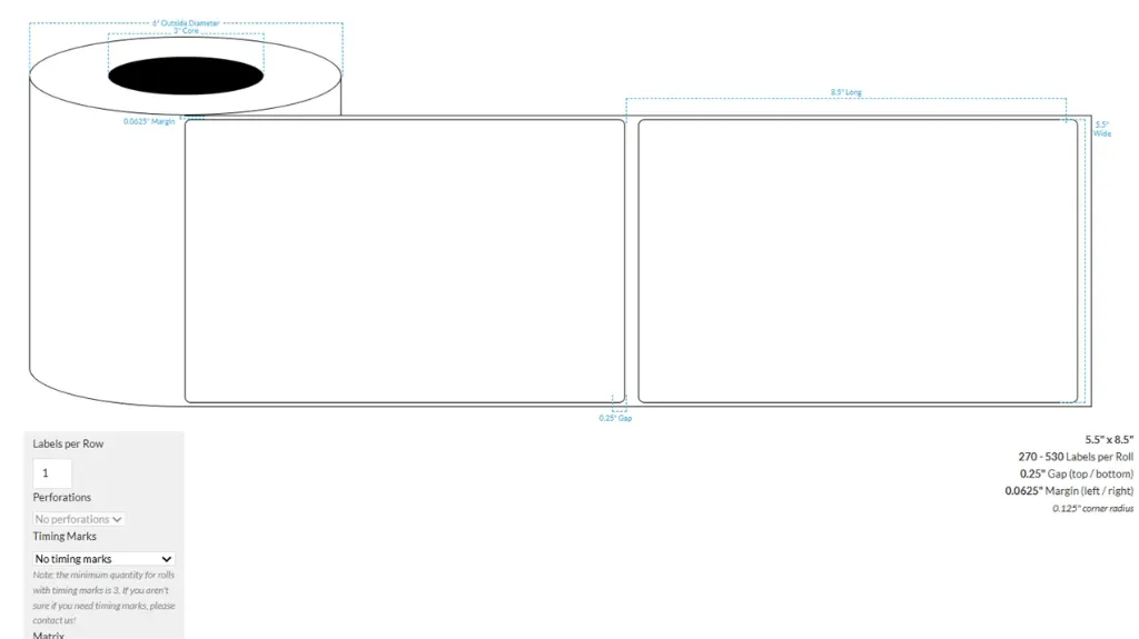 5.5" X 8.5" MATTE WHITE PAPER {ROUNDED CORNERS} Roll Labels (3"CORE/8"OD)