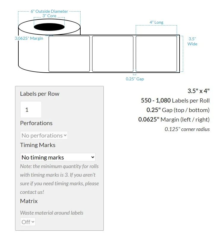 [100184-3X6-HGB-151-1000000] 3.5" X 4" High Gloss White Polypropylene BOPP {Round Corners} Roll Labels (3"Core/6"OD)