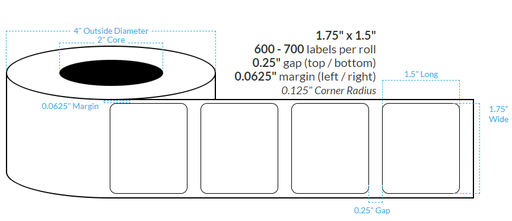 [100591-2X4-HGB-125-1000000] 1.75" x 1.5"  PREMIUM HIGH GLOSS WHITE Polypropylene BOPP {ROUNDED CORNERS} Roll Labels (2"CORE/4"OD)