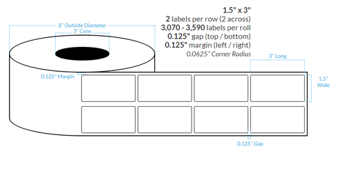 [100715-3X8-HGB-129-2000000] 1.5" x 3"  PREMIUM HIGH GLOSS WHITE Polypropylene BOPP {ROUNDED CORNERS} Roll Labels (3"CORE/8"OD)