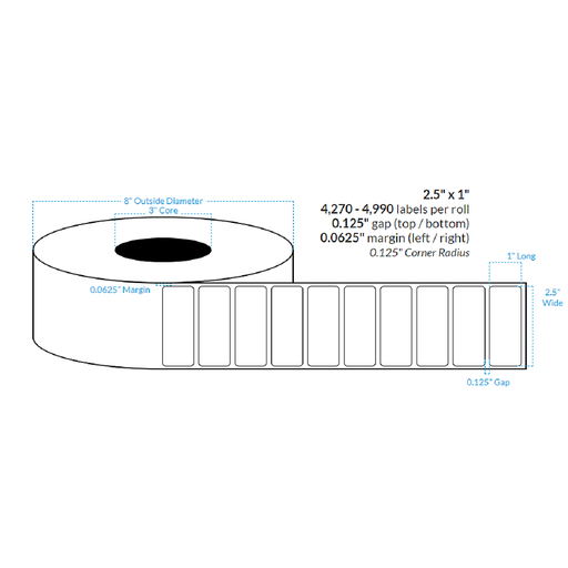 [100529-3X8-HGB-129-1000000] 2.5" x 1" PREMIUM GLOSS WHITE Polypropylene BOPP {ROUNDED CORNERS} Roll Labels  (3"CORE/8"OD)