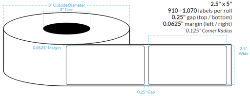 [100724-3X8-MWB-129-100000] 2.5" x 5"  MATTE WHITE Polypropylene BOPP {ROUNDED CORNERS} Roll Labels  (3"CORE/8"OD)