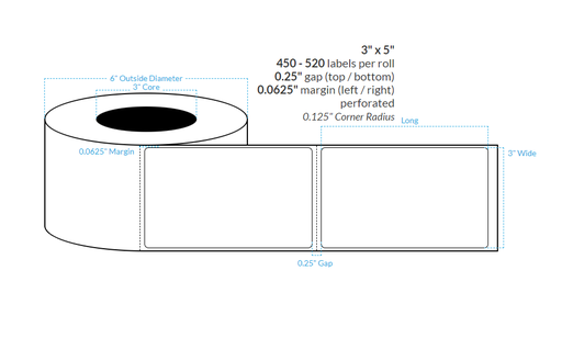 [100537-3X8-MWB-129-1000000] 3" x 5"  MATTE WHITE Polypropylene BOPP {ROUNDED CORNERS} Roll Labels  (3"CORE/8"OD)