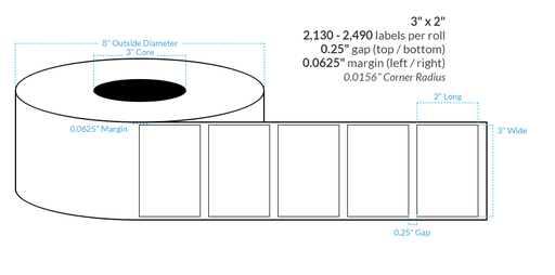 [102111-3X8-MWB-182-1000000] 3" x 2"  MATTE WHITE Polypropylene BOPP {SQUARE CORNERS} Roll Labels  (3"CORE/8"OD)