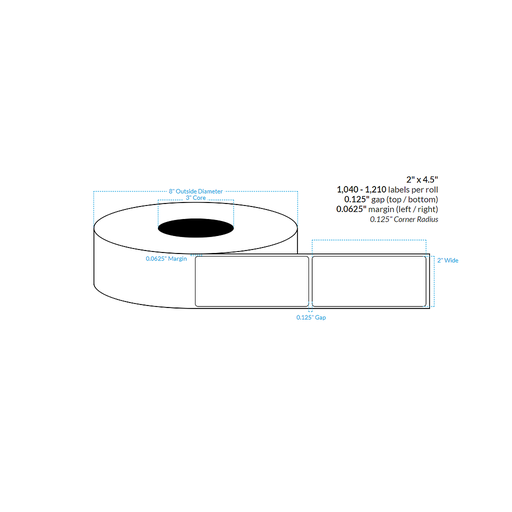 [101071-3X8-MWB-161-1000000] 2" x 4.5" MATTE WHITE Polypropylene BOPP {ROUNDED CORNERS} Roll Labels  (3"CORE/8"OD)