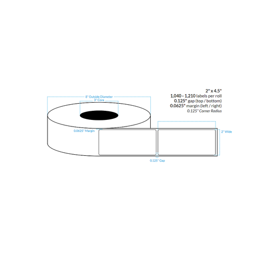 [101071-3X8-R413-161-1000000] 2" x 4.5" MATTE WHITE Polypropylene BOPP {ROUNDED CORNERS} Roll Labels  (3"CORE/8"OD)