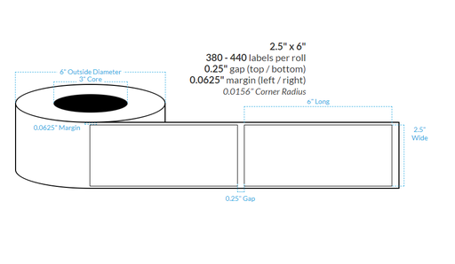 [102612-3X6-HGB-151-1000000] 2.5" x 6" HIGH GLOSS WHITE Polypropylene  BOPP {SQUARE CORNERS} Roll Labels (3"CORE/6"OD)
