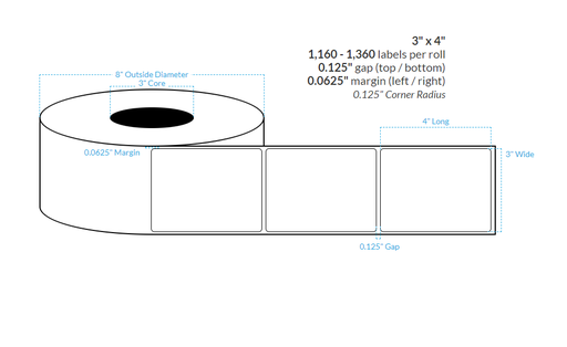 [100393-3X8-HGB-129-1000000] 3" X 4" HIGH GLOSS WHITE Polypropylene BOPP {ROUNDED CORNERS} Roll Labels  (3"CORE/8"OD)