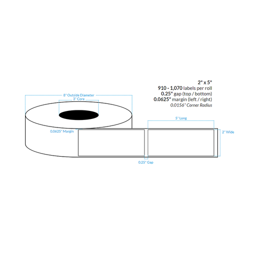 [100247-3X8-MWB-141-1000000] 2" x 5"  MATTE WHITE Polypropylene BOPP {ROUNDED CORNERS} Roll Labels  (3"CORE/8"OD)