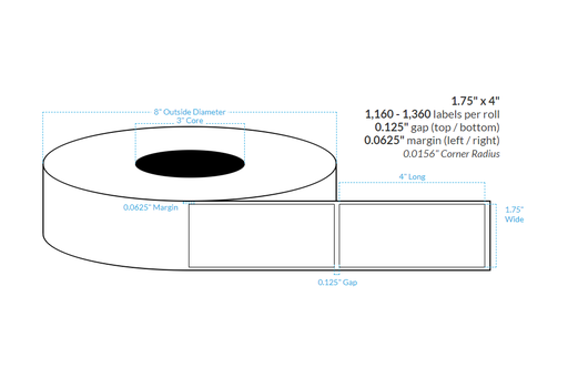 [101994-3X8-HGWP-161-1000000] 1.75" x 4" HIGH GLOSS WHITE PAPER {SQUARE CORNERS} Roll Labels  (3"CORE/8"OD)