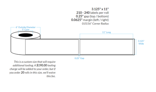 [103614-3X6-HGB-151-1000000] 3.125" X 11" PREMIUM HIGH GLOSS WHITE Polypropylene BOPP {SQUARE CORNERS} Roll Labels  (3"CORE/6"OD)