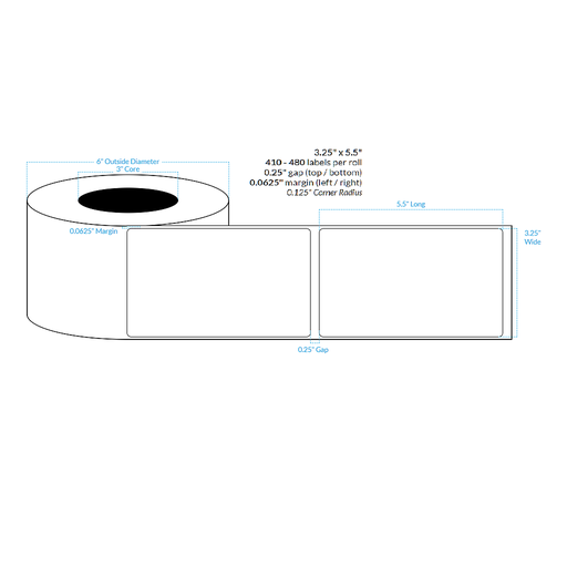 [100797-3X6-HGB-151-1000000] 3.25" X 5.5" PREMIUM HIGH GLOSS WHITE Polypropylene BOPP {ROUNDED CORNERS} Roll Labels  (3"CORE/6"OD)