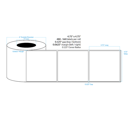 [101265-3X6-HGB-151-1000000] 4.75" x 4.75" PREMIUM HIGH GLOSS WHITE Polypropylene BOPP {ROUNDED CORNERS} Roll Labels (3"CORE/6"OD)