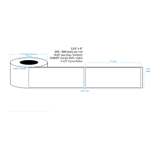 [100734-3X6-HGB-151-1000000] 3.23" X 9" PREMIUM HIGH GLOSS WHITE Polypropylene BOPP {ROUNDED CORNERS} Roll Labels  (3"CORE/6"OD)