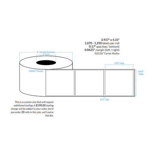 [103660-3X8-MWB-182-1000000] 3.937" x 4.33" MATTE WHITE Polypropylene BOPP {SQUARE CORNERS} Roll Labels  (3"CORE/8"OD)
