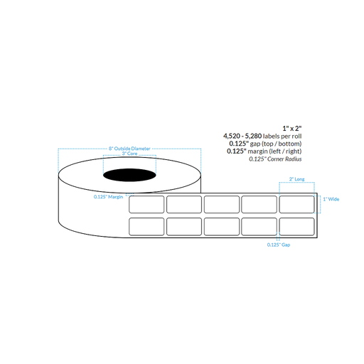 [101577-3X8-HGWP-161-2000000] 1" x 2" 2-ACROSS HIGH GLOSS WHITE {ROUNDED CORNERS} Roll Labels  (3"CORE/8"OD)