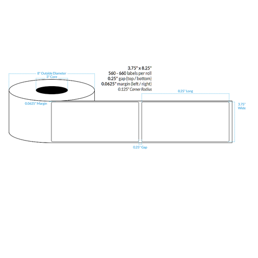 [101025-3X8-HGB-143-1000000] 3.75" x 8.25" HIGH GLOSS WHITE Polypropylene BOPP {ROUNDED CORNERS} Roll Labels  (3"CORE/8"OD)