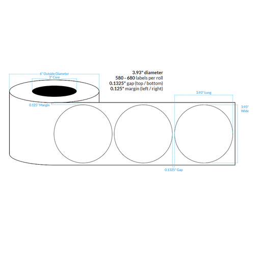 [102465-3X6-HGB-158-1100000] 3.93" HIGH GLOSS WHITE Polypropylene BOPP {CIRCLE} Roll Labels w/Timing Marks (3"CORE/6"OD)