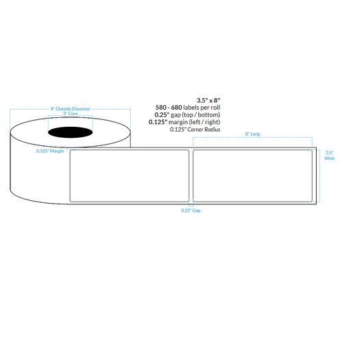 [100865-3X8-MWB-129-1000000] 3.5" x 8"  MATTE WHITE Polypropylene BOPP {ROUNDED CORNERS} Roll Labels  (3"CORE/8"OD)