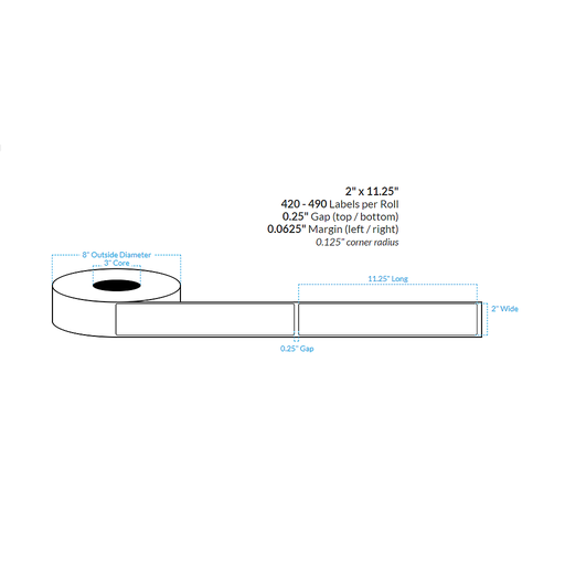 [100596-3X8-HGB-110-1000000] 2" x 11.25" HIGH GLOSS WHITE Polypropylene BOPP {ROUNDED CORNERS} Roll Labels (3"CORE/8"OD)