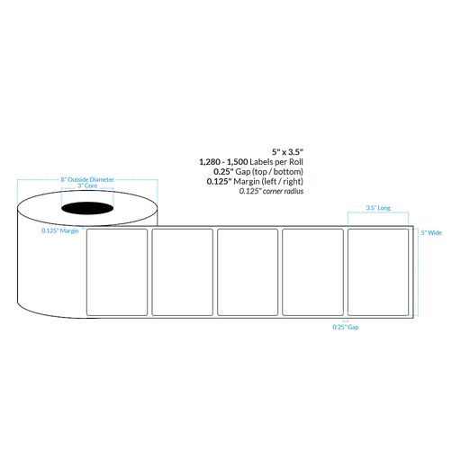 [100555-3X8-G11-181-1000000] 5" x 3.5" MATTE WHITE PAPER {ROUNDED CORNERS} Roll Labels  (3"CORE/8"OD)