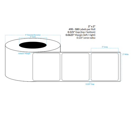 [100707-2X4-MWB-195-1000000] 2" x 2"  MATTE WHITE Polypropylene BOPP {ROUNDED CORNERS} Roll Labels  (2"CORE/4"OD)