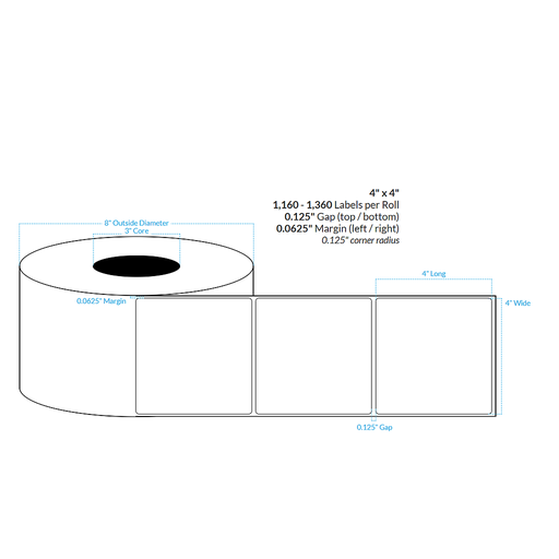 [100548-3X8-R413-161-1000000] 4" x 4" MATTE WHITE Polypropylene BOPP {ROUNDED CORNERS} Roll Labels (3"CORE/8"OD)