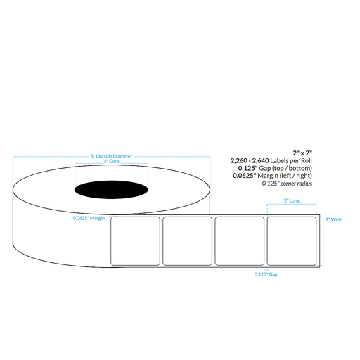 [100707-3X8-MWB-161-1000000] 2" x 2"  MATTE WHITE Polypropylene BOPP {ROUNDED CORNERS} Roll Labels  (3"CORE/8"OD)