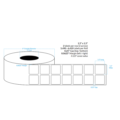 [100714-3X8-SSH-129-2000000] 1.5" x 1.5"  2-ACROSS SMOOTH SILVER HOLOGRAPHIC {ROUNDED CORNERS} Roll Labels (3"CORE/8"OD)