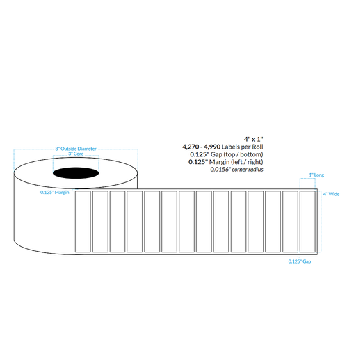 [100668-3X8-HGB-129-1000000] 4" x 1" HIGH GLOSS WHITE Polypropylene BOPP {SQUARE CORNERS} Roll Labels (3"CORE/8"OD)