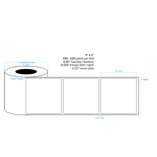 [101225-3X6-R413-113-1000000] 5" X 5" MATTE WHITE Polypropylene BOPP {ROUNDED CORNERS} Roll Labels  (3"CORE/6"OD)